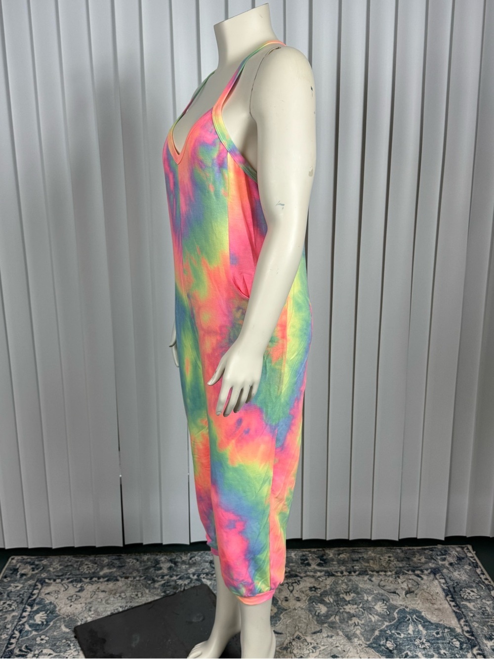 BiBi Tie Dye French Terry Jumpsuit Boho Lounge Festival Pockets Sizes S PTP 19.5 - Picture 3 of 11